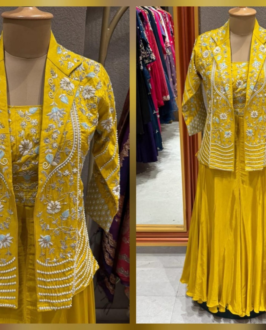 YELLOW - Pure Dola Silk Ready To Wear Blouse With Attached Lining And Beautiful Resham Thread Foil Zari Sequence Cutdana And Pearl Work